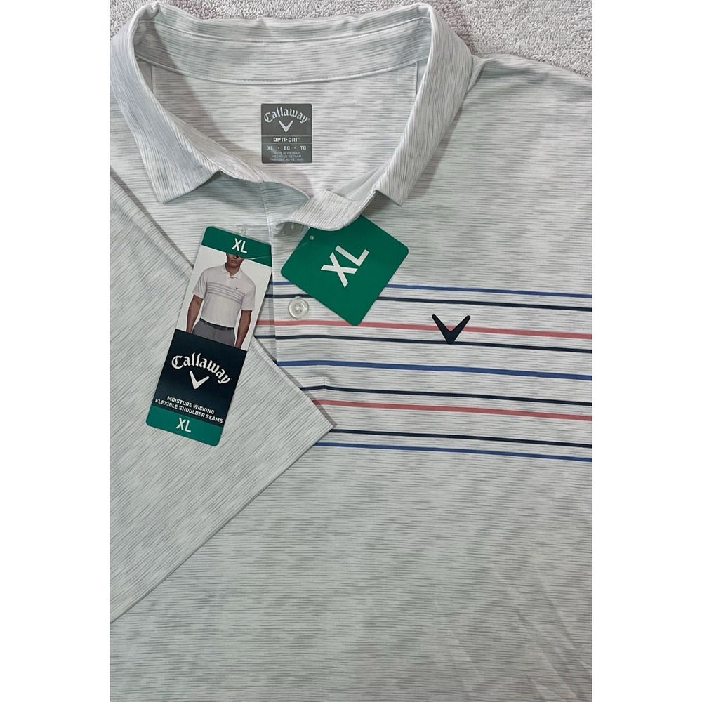 NWT Callaway XL Men White Striped Opti Dri Short Sleeve Performance Golf‎ Polo